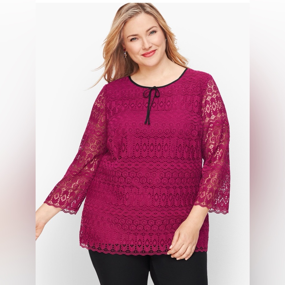 Talbots Plus 3X Detailed Lace Top 3/4 Sleeves Crew‎ Neckline Lined Blouse Casual